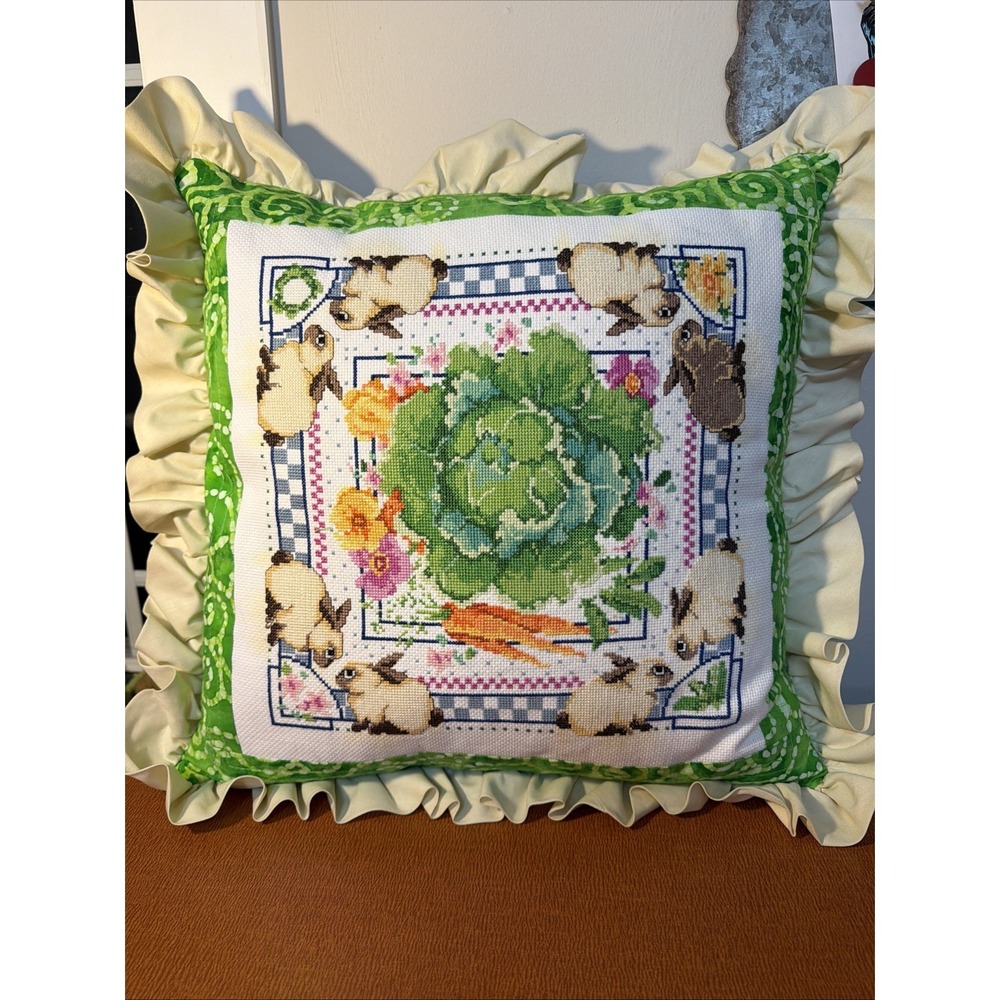 XLarge‎ Handmade Bunny Cross Stitched Pillow With Veggies Spring Easter 18"
